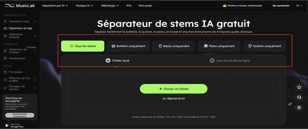 Choisissez l'instrument et le fichier