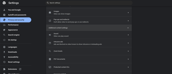 configurações de conteúdo adicionais do Chrome