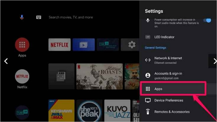  Go to Settings and Applications on android tv