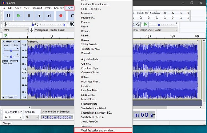 audacity click on effects tab