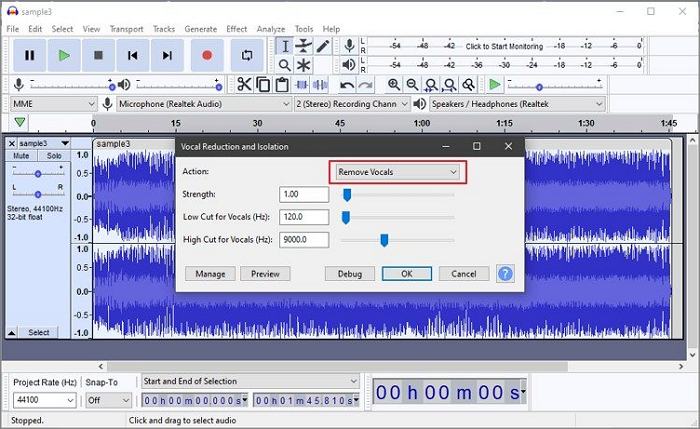 audacity select voice reduction isolation