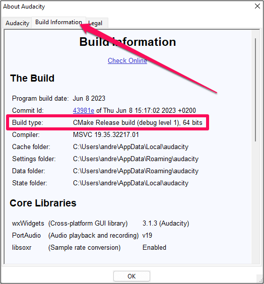 build information audacity version