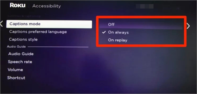 Captions mode on or off