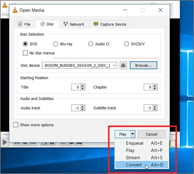 Konvertierungsoption vlc wählen