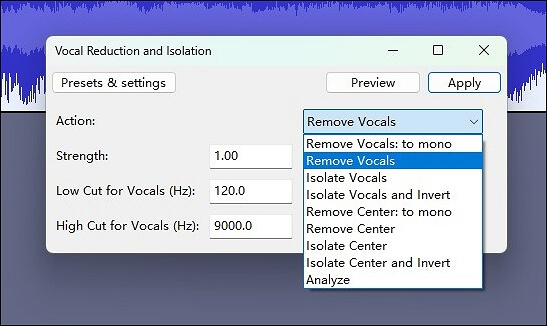 在彈出視窗中選擇刪除人聲