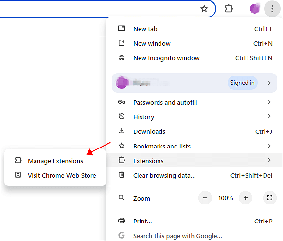 chrome manage extensions