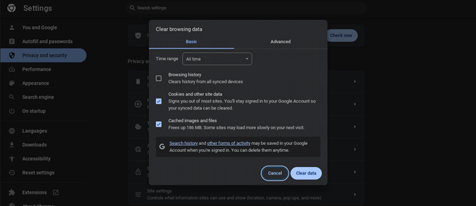 limpar todos os dados de navegação