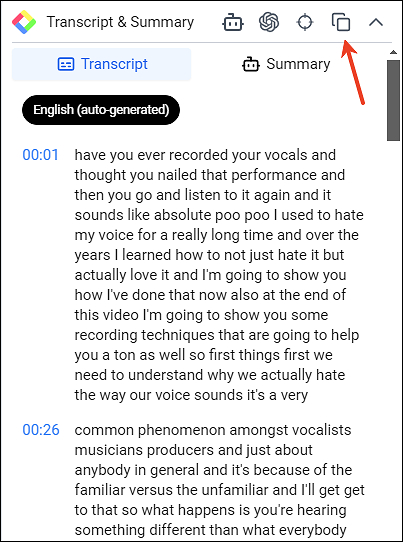 copy transcript youtube via extension