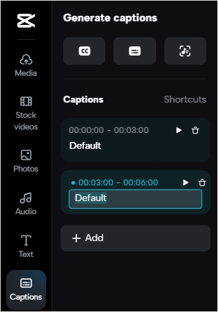 add captions manually