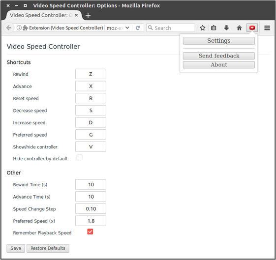 customize HTML5 video speed Firefox