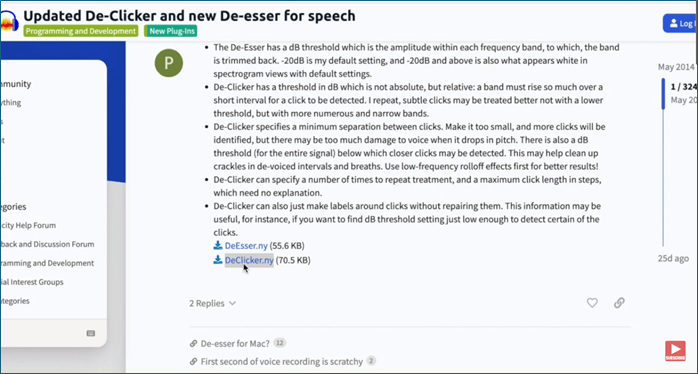 下載 declicker 外掛程式 Audacity