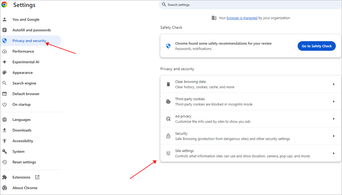 google chrome site settings