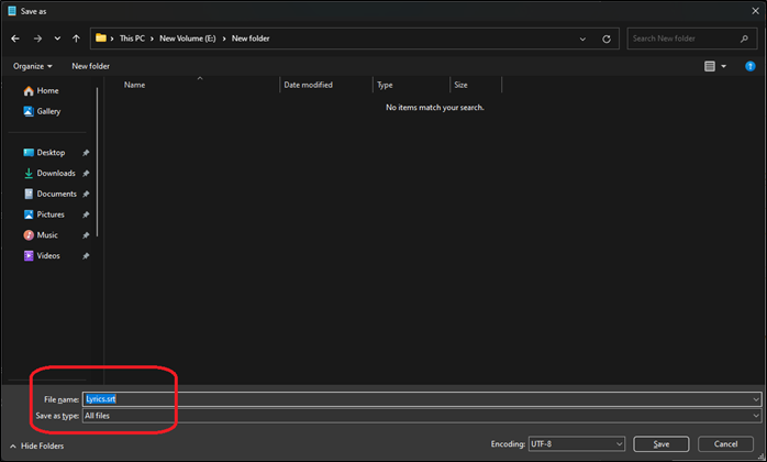 現在將文件另存為 Lyrics.srt