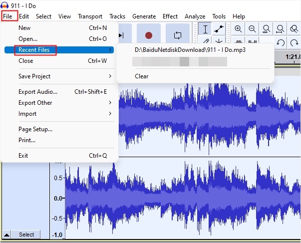 Start Audacity and open the audio track