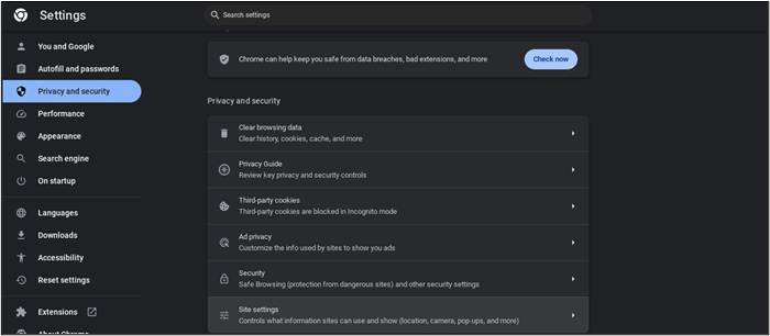 abra as configurações do site cromo