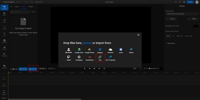 paste url of youtube video or import video