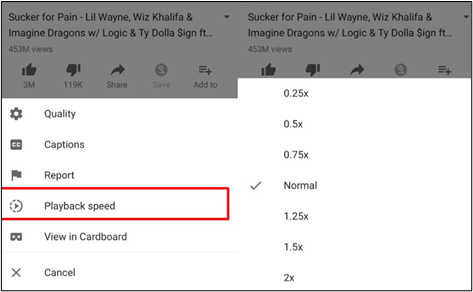 playback speed list on mobile
