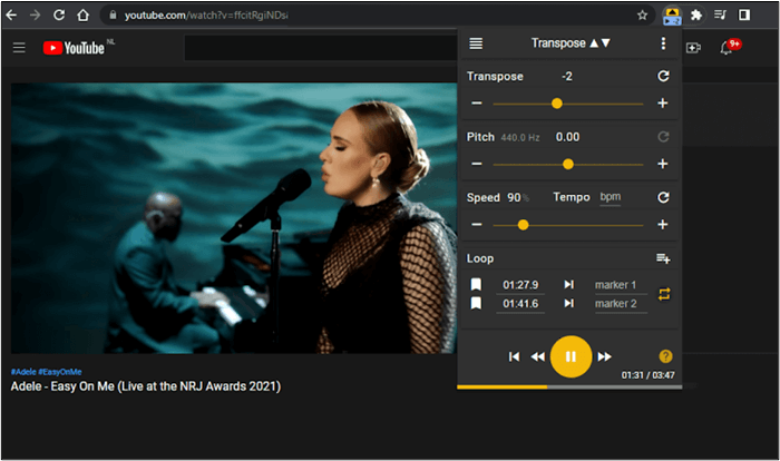 previsualización de una canción en la extensión chrome transpose
