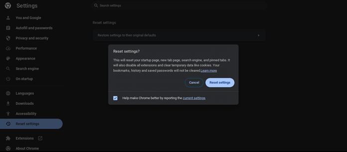 restaurar as configurações para o Chrome original