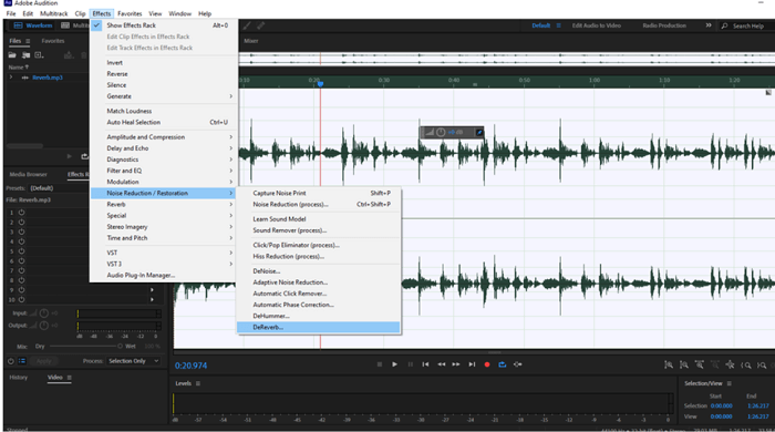 Sélectionnez l'effet Dereverb dans Adobe Audition