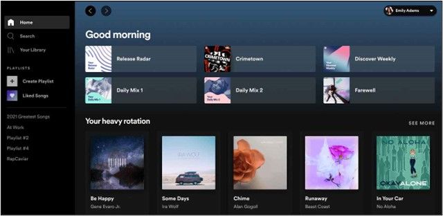 spotify homescreen with account name picture