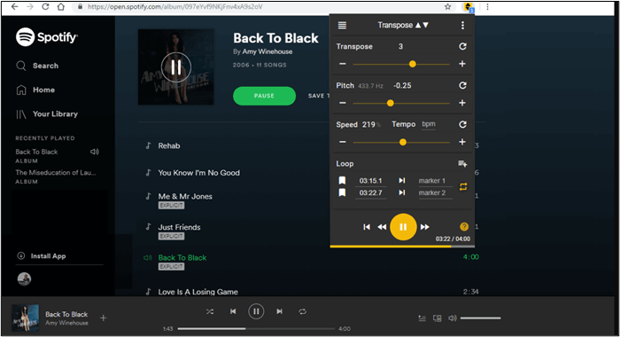 barra de herramientas de transposición para editar canciones