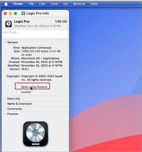 Deaktivieren Sie das Kontrollkästchen 'Mit Rosetta öffnen