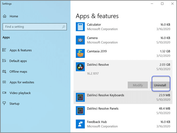 Bouton de désinstallation davinci resolve